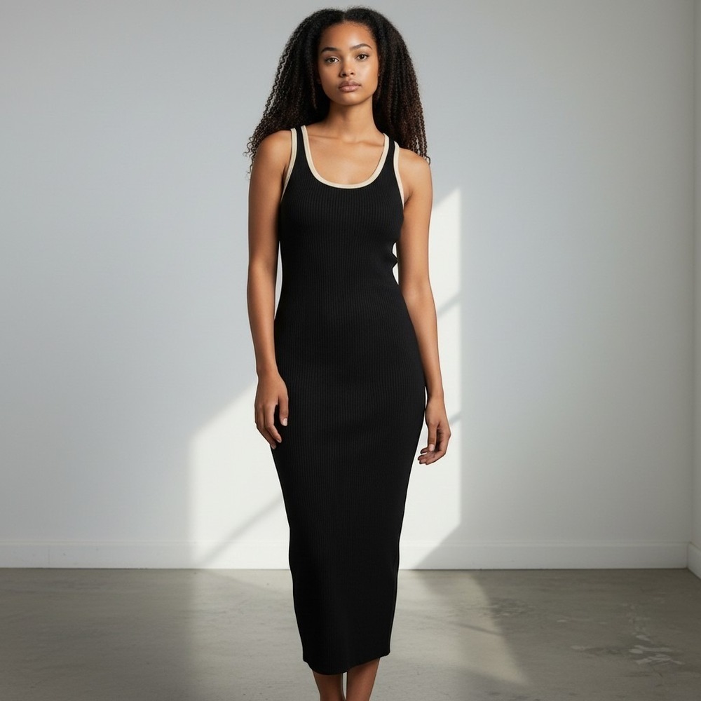Caroline Constas Black Ribbed Knit Midi Dress Cream Crochet Trim Racerback Med